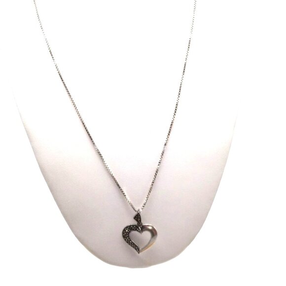 Vintage Sterling Silver Marcasite Heart Pendant Necklace, 925 SU Half Jeweled - Picture 2 of 5